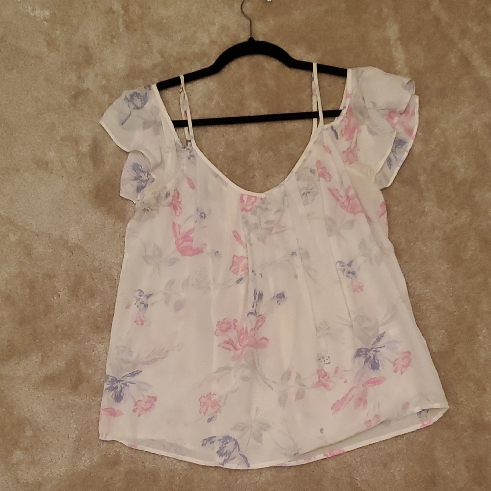100% Silk Joie White and Pink Floral Blouse